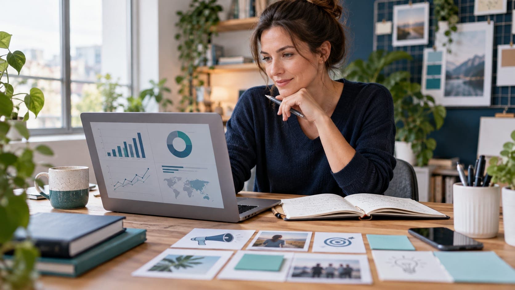 Online-Marketing-Weiterbildung: Teilnehmerin arbeitet an einem Marketingprojekt am Laptop