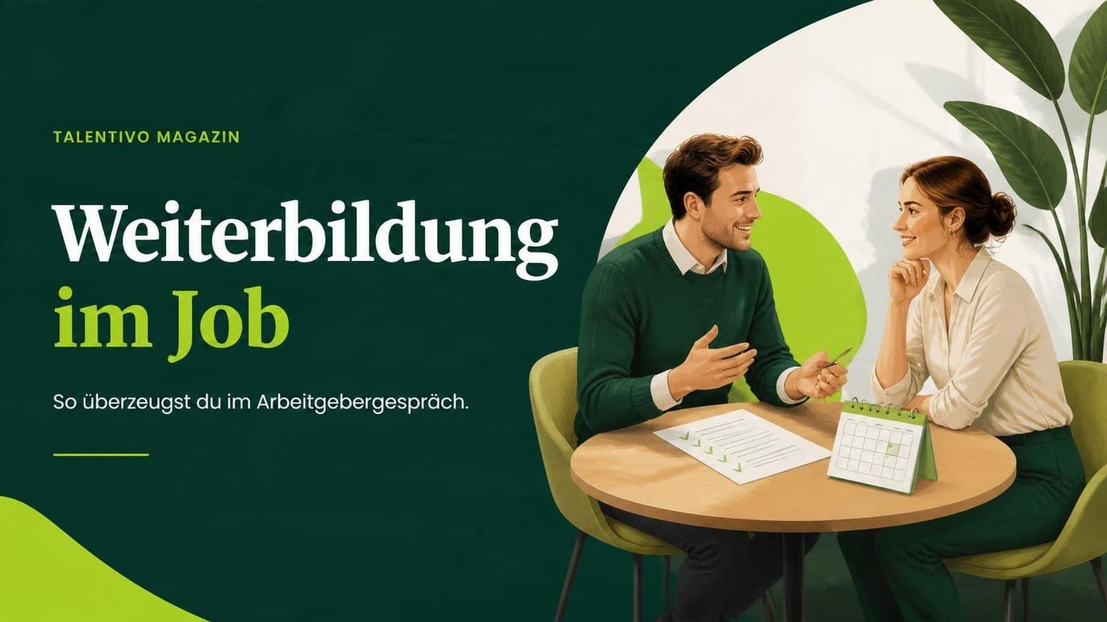 Weiterbildung im Job: Zwei Kollegen besprechen Lernziele, Zeitplanung und nächste Schritte