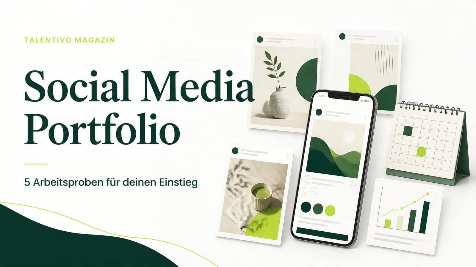 Social Media Portfolio: fünf Arbeitsproben mit Beitragskarten, Kalender und Smartphone