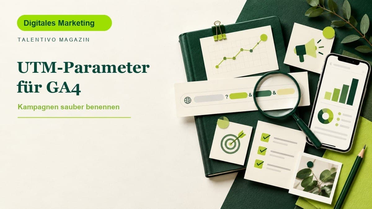 Editoriale Titelgrafik mit UTM-Kampagnenkarten, Analytics-Dashboard und Waldgrün-Limette auf cremeweißem Hintergrund