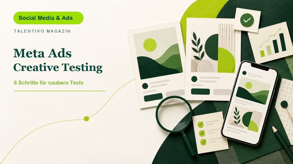 Editoriale Titelgrafik mit zwei verglichenen Anzeigenmotiven, Testkarten und Smartphone in Waldgrün und Limette