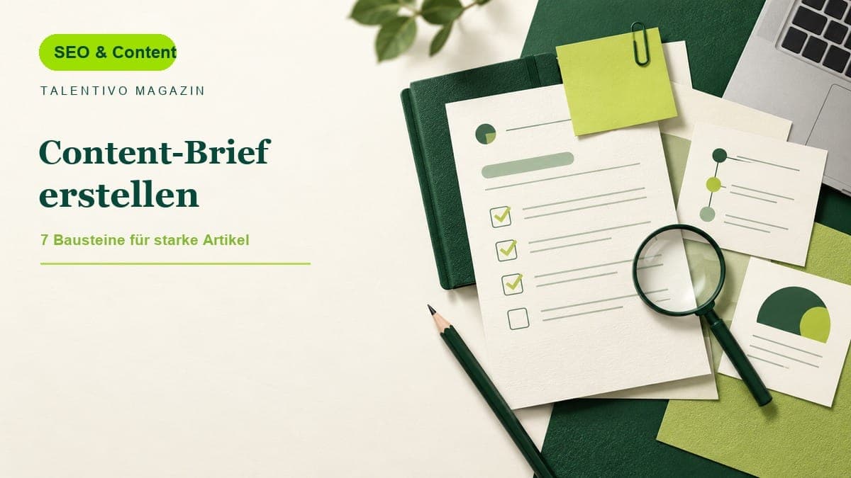 Editoriale Titelgrafik mit Content-Brief, Checkliste, Notizbuch und Stift in Waldgrün und Limette auf cremeweißem Grund
