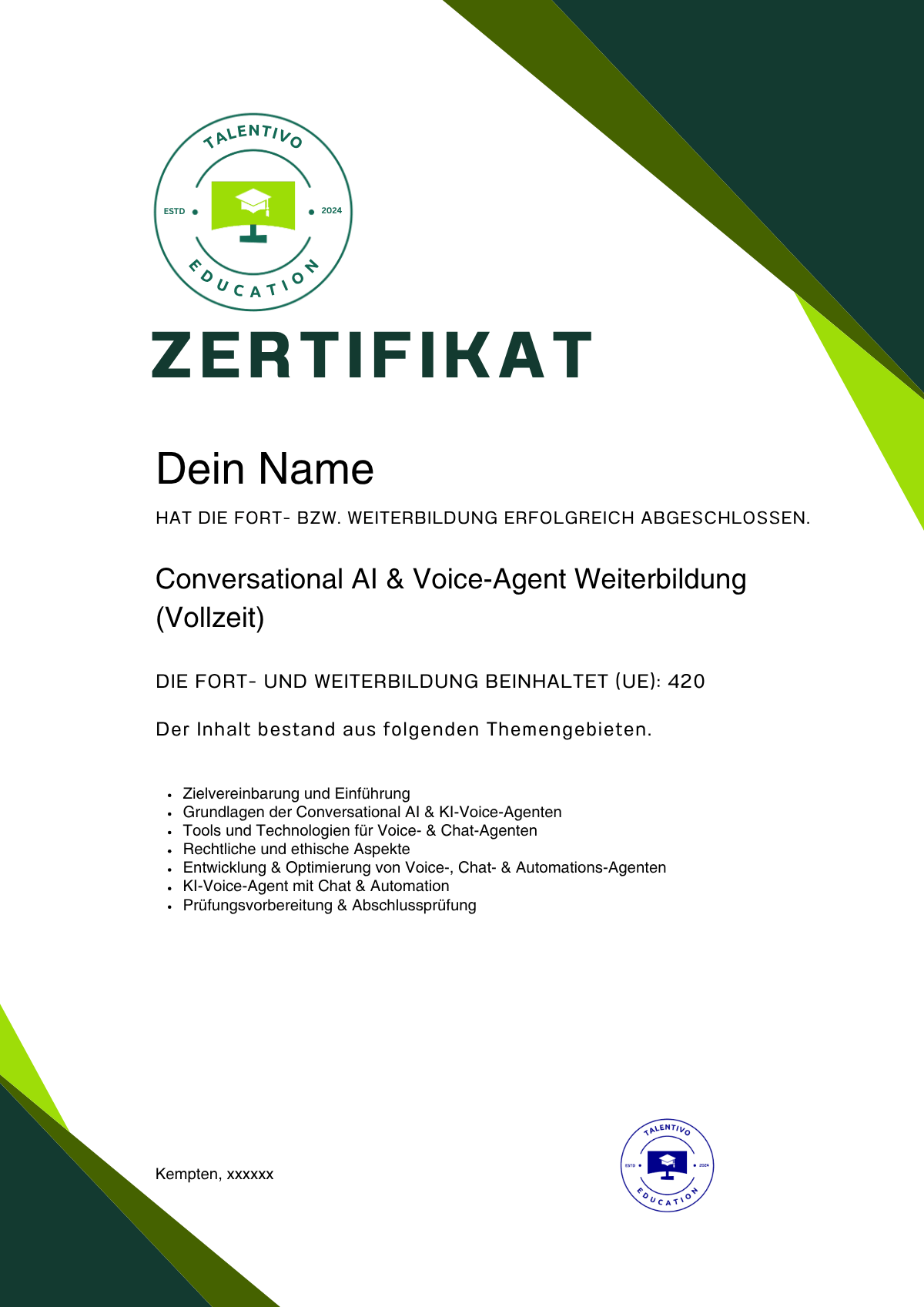 Muster eines personalisierten Talentivo-Teilnahmezertifikats