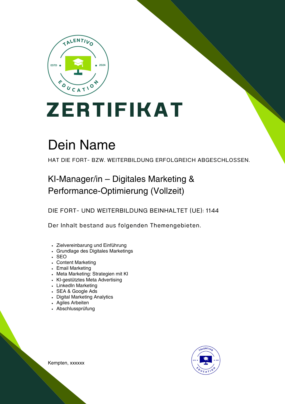 Muster eines personalisierten Talentivo-Teilnahmezertifikats