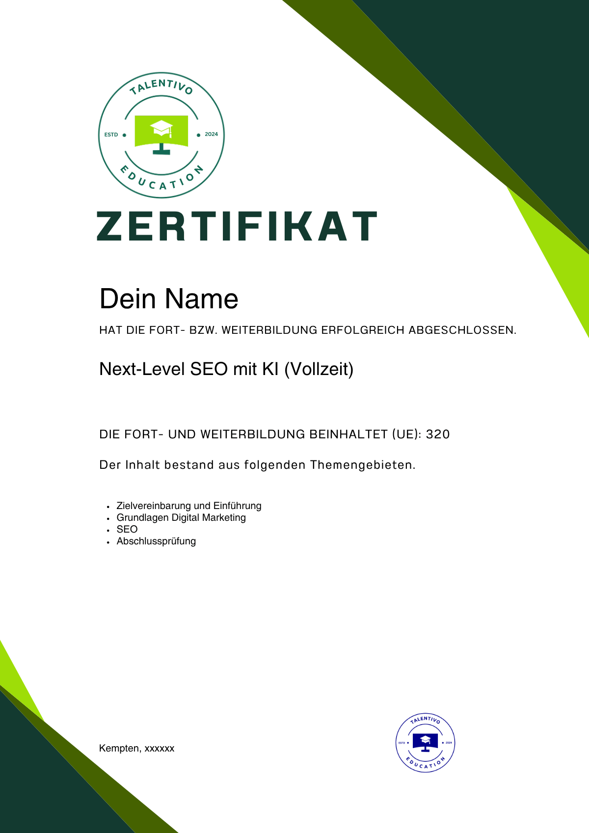 Muster eines personalisierten Talentivo-Teilnahmezertifikats