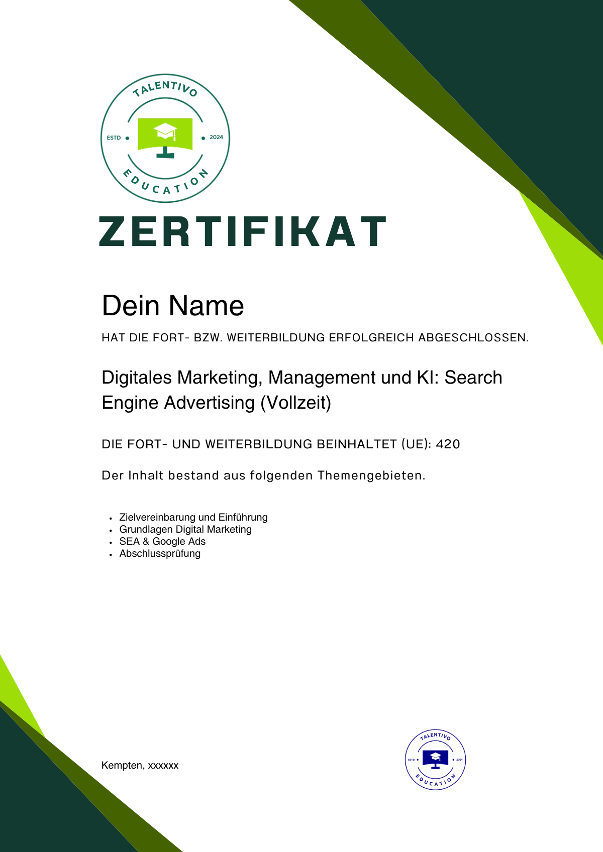 Muster eines personalisierten Talentivo-Teilnahmezertifikats